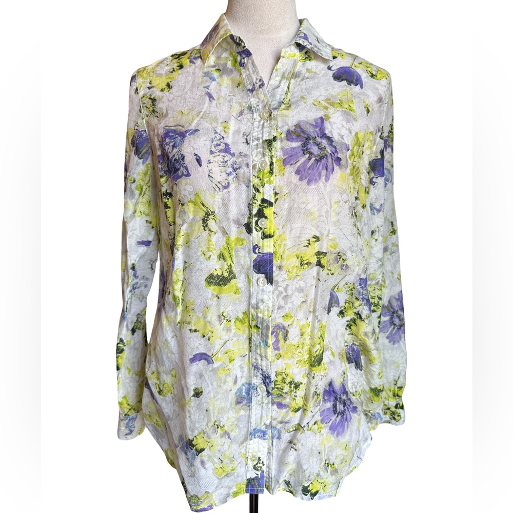 Coldwater Creek Floral Button Down Shirt - Purple and Yellow